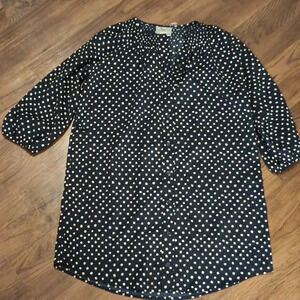 Maeve Black And White Polka Dot Loose Fit Collarless Button Down Dress PPP